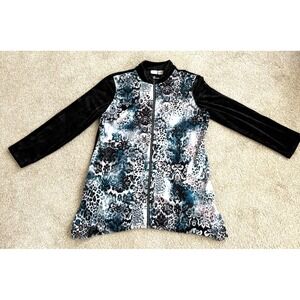 Chico's Zenergy Velour Zip Jacket Size 1 (8/10) Black Teal Floral Animal Print